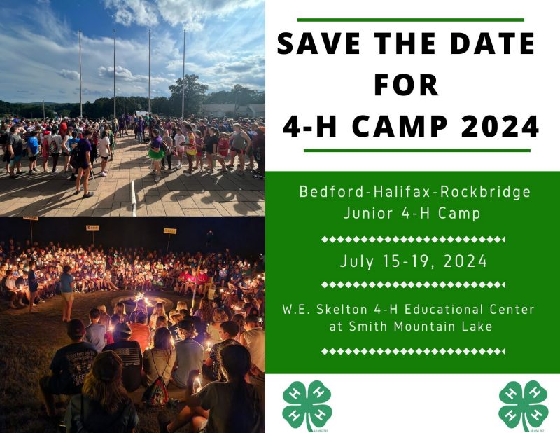 4-H summer camp save the date flier, camp photos, camp fire, campers, July 15-19 2024